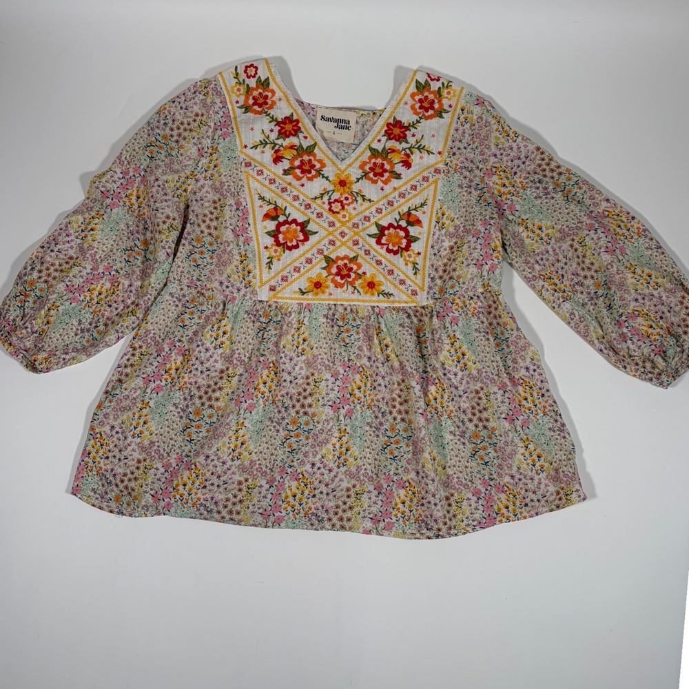 Savanna Jane Floral Embroidered Babydoll Top Boho Cottagecore Peasant Blouse L - Picture 2 of 5